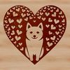 Stylized Shiba Inu Silhouette with Heart Accents A stylized illustration of a Shiba Inu sitting, surrounded by heart symbols.