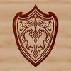 A detailed design for a shield with ornate patterns and metal textures.
