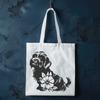 A stylized illustration of a sitting Shih Tzu dog breed with floral patterns.