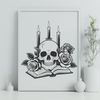 Elegant Gothic Skull with Rose and Candle A stylized illustration of a skull surrounded by a rose and candle, suitable for Halloween decorations or designs.