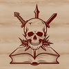 Decorative Dagger Skull Design A detailed illustration of a skull with a dagger through the forehead, surrounded by intricate details.