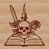 Gothic Skull Silhouette with Book and Rose Accents A stylized gothic skull with intricate details, surrounded by a book and rose motif.