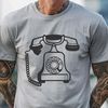 A simple illustration of a telephone with a retro design aesthetic.