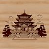 A detailed illustration of a traditional Buddhist temple structure, featuring intricate designs and architecture.