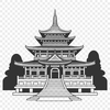 Asian-Inspired Religious Building A traditional Asian-style Buddhist temple with ornate architecture and multi-tiered roofs.