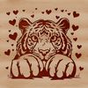 Tiger Face Behind Heart Garland A colorful tiger's head peeking out from behind hearts, making it a unique vector art illustration.