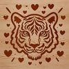 Whimsical Tiger Head with Hearts A stylized illustration of a tiger's head with love hearts integrated into the design.