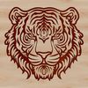 A detailed illustration of a tiger's head with ornate patterns and texture.