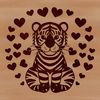A vector illustration of a cute tiger cub sitting on its haunches, surrounded by love hearts.