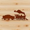 A stylized illustration of a locomotive train with multiple cars.