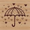 An illustrated design of a colorful umbrella featuring love hearts in various colors.
