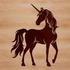 An illustrated mythical creature with a horse's body and a single horn on its forehead.