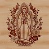 A religious illustration of the Virgin Mary with ornate floral details.