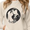 Lovely Wedding Scene SVG A cartoon illustration of a bride and groom exchanging vows in a romantic outdoor setting.