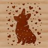 A vector illustration of a seated Welsh Corgi with love hearts surrounding its face.