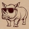 A rhinoceros wearing sunglasses in a natural savannah setting.