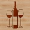 A stylized illustration of a glass of wine with a bottle in the background.