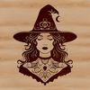 Witch's Crown with Magical Elements SVG Design A gothic-inspired illustration of a witch's head with an ornate crown, surrounded by mystical symbols and magic elements.