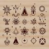 A detailed illustration of witchcraft symbols and ornaments in a gothic style, perfect for Halloween decorations.