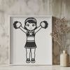Cheerful Female Athlete Silhouette A vector illustration of a female cheerleader standing on a field with pom-poms held high.