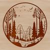 Illustrative forest landscape with trees in various shapes and sizes.