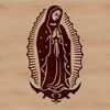 A detailed illustration of the Virgin Mary, depicted in traditional ornate style.