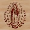 A digital illustration of a traditional depiction of the Virgin Mary with ornate floral patterns and regal attire.
