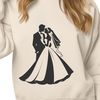 Romantic Altar Moment A stylized illustration of a bride and groom embracing at the altar.