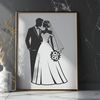 Wedding illustration featuring a bride and groom in a romantic setting.