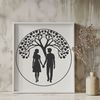 A stylized illustration of a tree with intertwined branches, representing love and unity.