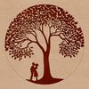 Couple's Tree Hug Silhouette An illustration of two people embracing beneath the branches of a tree, surrounded by lush greenery.