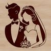 Wedding Couple Illustration A simple illustration of a happy bride and groom exchanging vows in front of a floral backdrop.