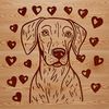 A high-quality digital illustration of a Weimaraner breed dog with decorative heart patterns incorporated into its design.