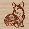 Illustrative Dog Breed Icon A stylized illustration of a sitting Welsh Corgi surrounded by floral patterns.