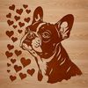 Sweet Boston Terrier Clip Art Vector illustration of a smiling Boston Terrier with love hearts surrounding its head.