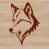 A detailed illustration of a wolf's head with sharp features.