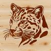 A close-up illustration of a wild cat's head, featuring an ocelot.