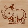 A large, gray rhinoceros standing in a grassland setting.