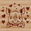 An African rhinoceros with heart symbols peeking out from behind its horn, depicted as a vector graphic.