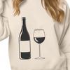 A simple illustration of a glass of wine with a bottle in the background.