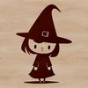 A simple line drawing of a witch standing in front of a dark background with magical symbols surrounding her.
