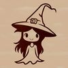 A simple line drawing of a witch practicing magic in a mystical forest setting.