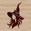A stylized illustration of a witch's head surrounded by magical symbols, suitable for vector design projects.