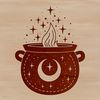 Witchcraft Scene with Cauldron and Gothic Details A mystical illustration depicting a witch standing in front of a bubbling cauldron surrounded by gothic elements.