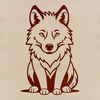 A realistic illustration of a wolf sitting on its haunches in a natural setting.