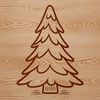 A stylized, digital illustration of a traditional Christmas tree with greenery and ornaments.