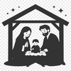 A traditional Christmas scene featuring the Holy Family in a simple, hand-drawn style.