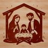 A traditional Christmas scene featuring the Holy Family in a simple silhouette design.