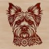 A close-up illustration of a Yorkshire terrier's head featuring ornate floral patterns.