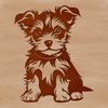 A small breed dog, specifically a Yorkshire Terrier, sitting on its haunches with a playful expression.